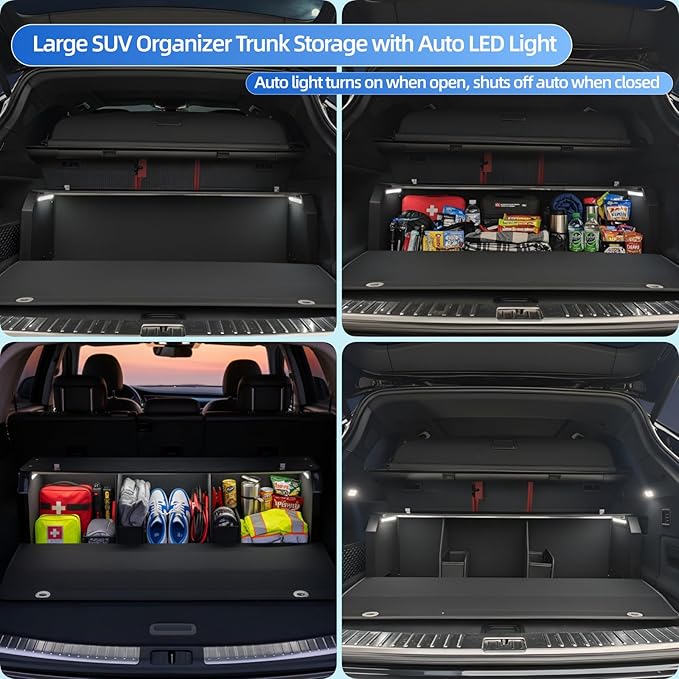 SUV Trunk Organizers and Storage with Lights, Car Storage Organizer with Lid & Sturdy Handle, Car Storage Bins for Groceries Powered by 4 AA Batteries (Batteries Not Included) (39.76inch)