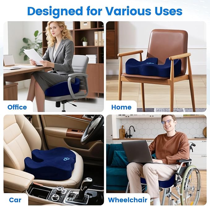 Seat Cushion with Carry Handle, Memory Foam for Tailbone/Sciatica Easing, Chair Cushions for Cars, Desks, Office Chair Cushion with Non-Slip Design, Ideal for Post-Surgery Recovery (Blue)