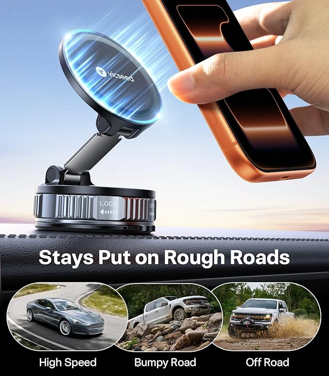 VICSEED Ultimate for Magsafe Car Mount [98+LBS Strongest Suction] 360° Vacuum Magnetic Phone Holders for Your Car Metal Arm Foldable Cellphone Mount for iPhone 17 16 15 14 13 12 Pro Max Air Android