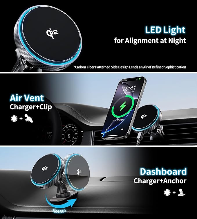 for Magsafe Car Mount Charger [Qi2 Certified-15W], 360° Rotatation [Dash & Vent] Wireless Car Mount Charger Fits for iPhone 16 15 14 13 12 Series, for Magnetic iPhone Car Accessories, Gray