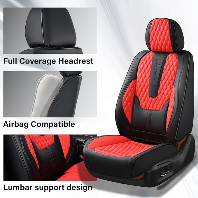 Coverado Car Seat Covers Front Seats, Luxury Faux Leather Seat Covers for Cars Waterproof Seat Covers with Lumbar Support, Car Seat Protector Universal Fit for Most Cars SUV Truck(Red&Black)