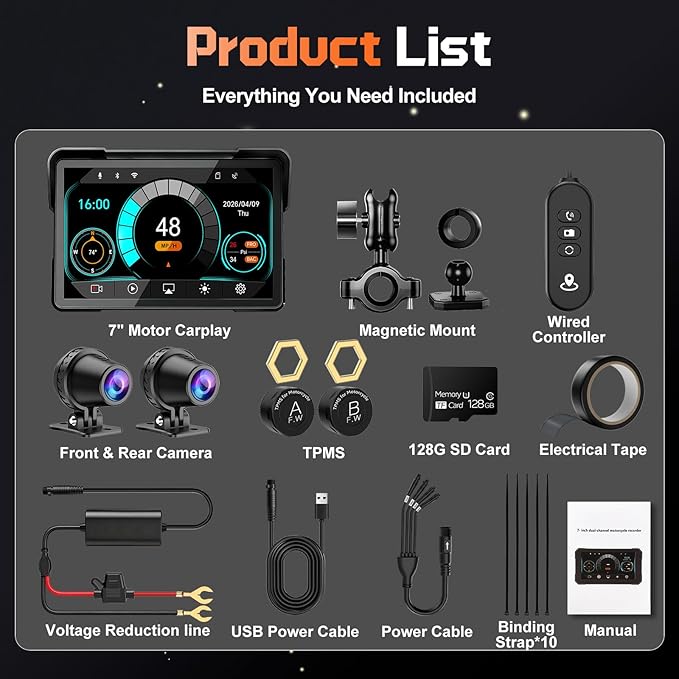2026 LBW 7" Wireless GPS Motorcycle CarPlay(Includes 128G SD) with Android Auto Navigation, Dual 2K Dash Cam, HD Waterproof Screen, TPMS, Remote Control, BT, Quick Release Anti-Theft Design Mount