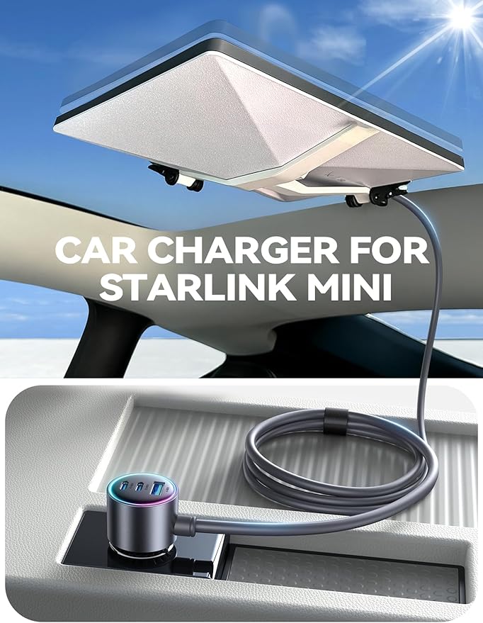 Starlink Mini Car Adapter, 10FT Starlink Mini Cable Car Charger, 12V-24V Cigarette Lighter Adapter [Stable Power Chip & 18AWG Waterproof Cable] Dual PD 45W + USB A 30W Ports for Cars, Trucks, RVs