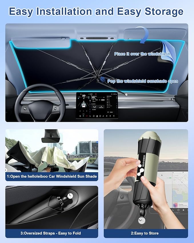 helloleiboo [2025 Upgraded] Car Windshield Sun Shade Umbrella 61"x 34" Windshield Sun Shade Foldable 5-Layer Thickened Vinyl Coating Reflective Polyester Blocks Heat & UV Rays for Large Car Truck SUV