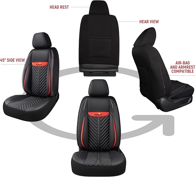 PU Leather Car Seat Covers Full Set – Waterproof seat Cover for Cars，3D Foam Support Automotive seat Covers ，Airbag Compatible, Universal Fit for Cars SUVs Trucks Sedans（Black/Red）