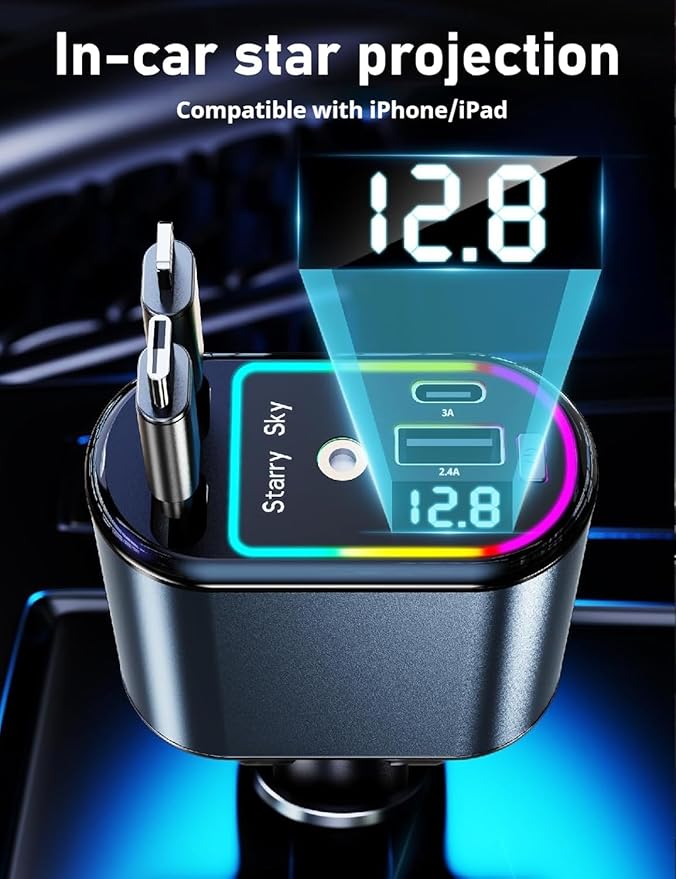 Starlight Retractable Car Charger, Max 120W 4 in 1 Car Accessories with Starlight, Retractable Fast Car Phone Charger with 2 USB Ports for Phones/Tablets/Car Recorders, 31.5inch (Grey)
