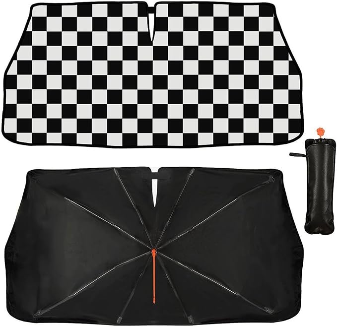 CHILL·TEK Funny Car Windshield Sun Shade Umbrella, Checkered Car Sun Shade Umbrella, Block UV Rays Heat Foldable Windshield Umbrella Sun Visor Protector - Keep Vehicle Cool for Cars SUV