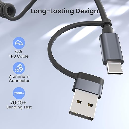 Basesailor 4 in 1 USB C to USBC Coiled Car Charger Cord for iPhone 17 Air 4.6FT,60W Multi Type C Fast Charging Coil Cable with USB and Lightning Adapter for Android Auto,Apple 16 15 Pro Max,S23 S22