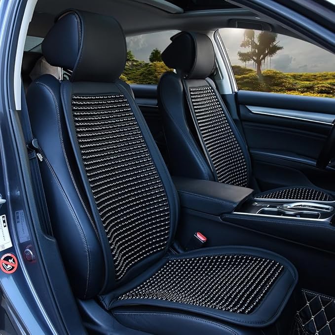 Blueshyhall Cooling Wooden Beaded Car Seat Cover Comfortable Massage Support Cushion for SUV Auto Office Home Seat Chair - Black 2 Pcs