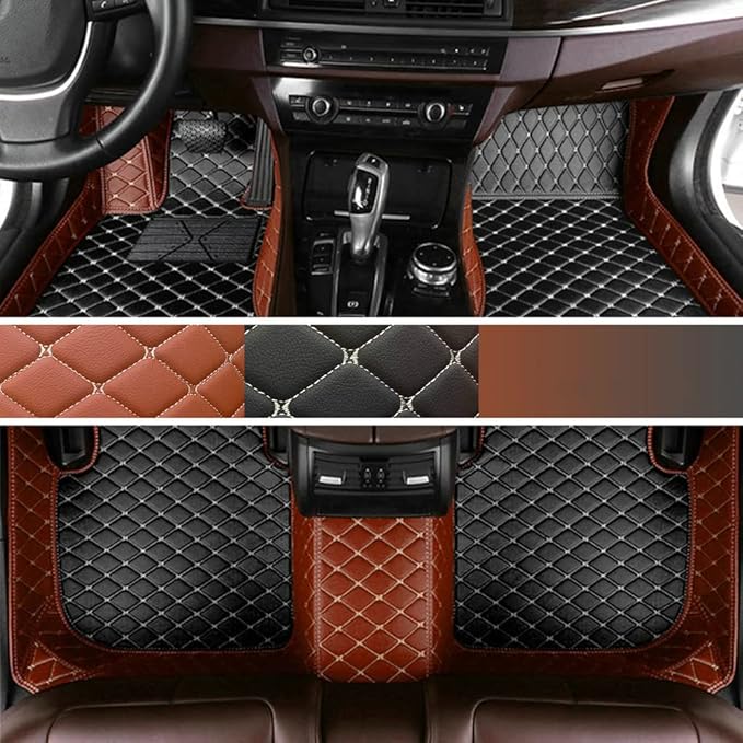 Custom Personalized Floor Mats - Luxury Full Coverage All Weather Mats, Anti-Slip Leather Mat Set, Fit for 99% of Cars, SUVs & Trucks (Light Brown, C-Double Color)