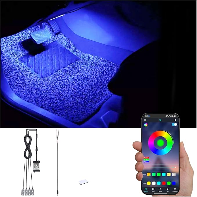 RGB Car Footwell Ambient Lighting Kit 16.7 Millions Colors Sound Active Music Sync APP Control DC Line Car Interior Multicolored Footwell Atmosphere Light DC 12V