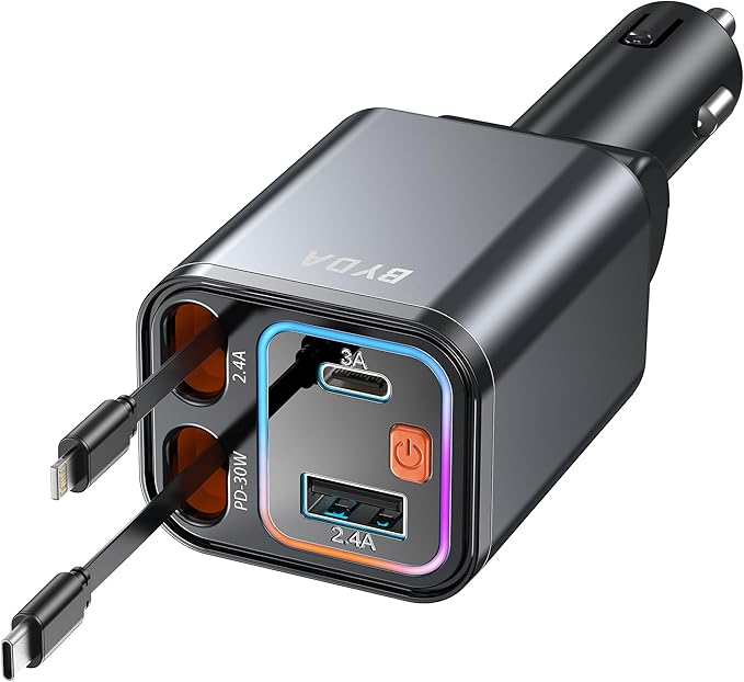 4 in 1 Retractable Car Charger,69W USB-C Fast Car Charger, for iPhone 17/16/15/14/13/12/11, Android,Pixel,Cigarette Lighter Charger (for Type C+Apple &RGB[Grey])