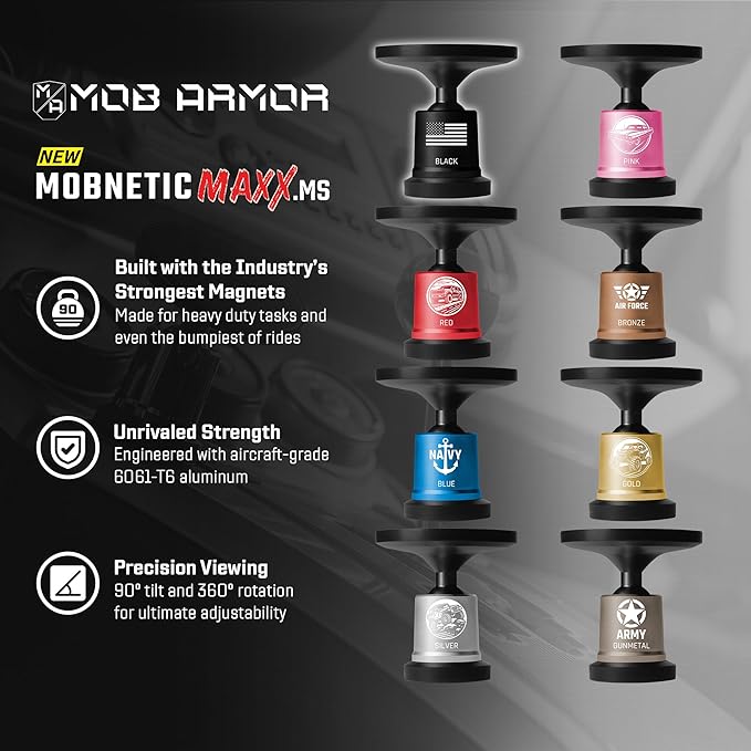 Mob Armor MobNetic Maxx MS - Customized MagSafe Compatible Magnetic Phone Holder for Car, Personalized Phone Mount Made w/Heavy Duty Aluminum Metal, Works w/iPhones & Androids - Black