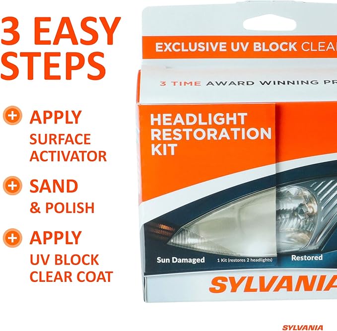 SYLVANIA Headlight Restoration Kit - Long-Lasting Headlight Repair Kit for Restoring to Like-New Condition - Surface Activator, Exclusive UV Coating, Clarifying Compound & More - No Tools Required
