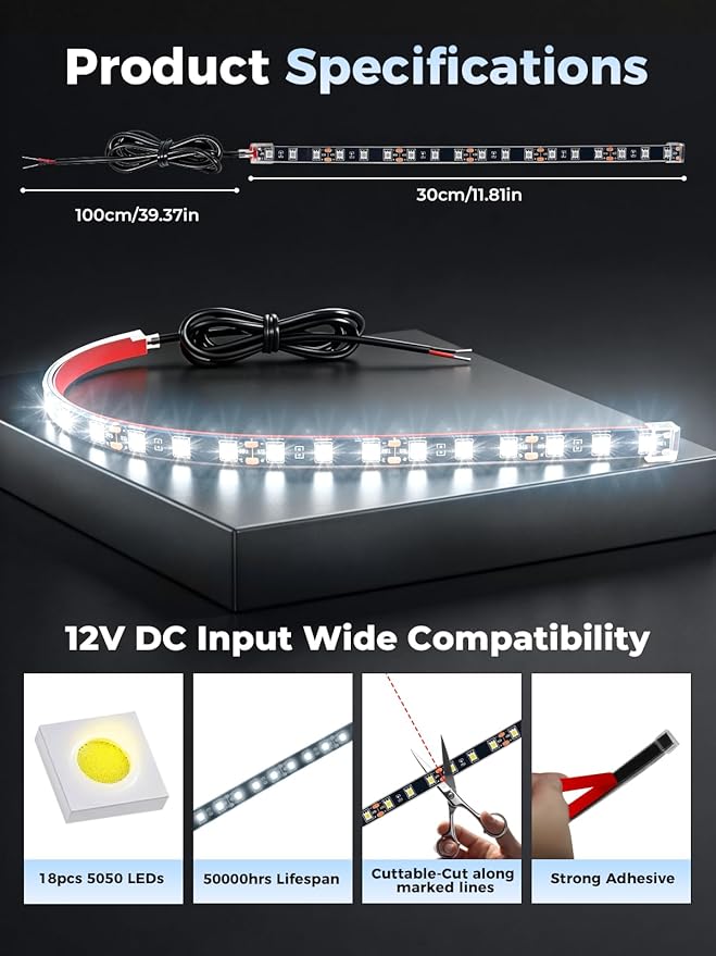 LED Strip Lights 12V Cuttable IP68 Waterproof 12 Inch Interior Exterior Underbody Light for Car SUV Truck Motorcycle Boat Golf Cart 18 SMD 5050 White 4 Pack