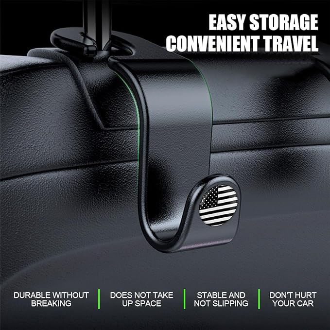 4PCS Car Seat Headrest Hooks, Auto Back Seat Hanger Holder, Durable Stylish Vehicle Organizer Universal Car Interior Accessories, Storage Hooks for Purses, Bags, Clothes, Hats (Black/Black Flag)