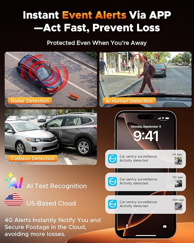 Volam 4G LTE Cellular Dash Cam with Live Streaming & GPS Tracking - Dual Car Security Camera with Remote Live View,Cloud Storage,AI Motion Detection,Sentry Mode, Anti-Theft Protection for Vandalism