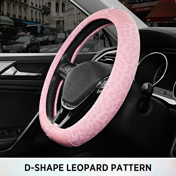 Road Comforts Leopard Steering Wheel Cover - Made with PVC Leather Cheetah Print, D-Shaped Automotive Steering Wheels - Anti-Slip, Universal Fit 14 1/2 inches to 15 inches - Full Pink