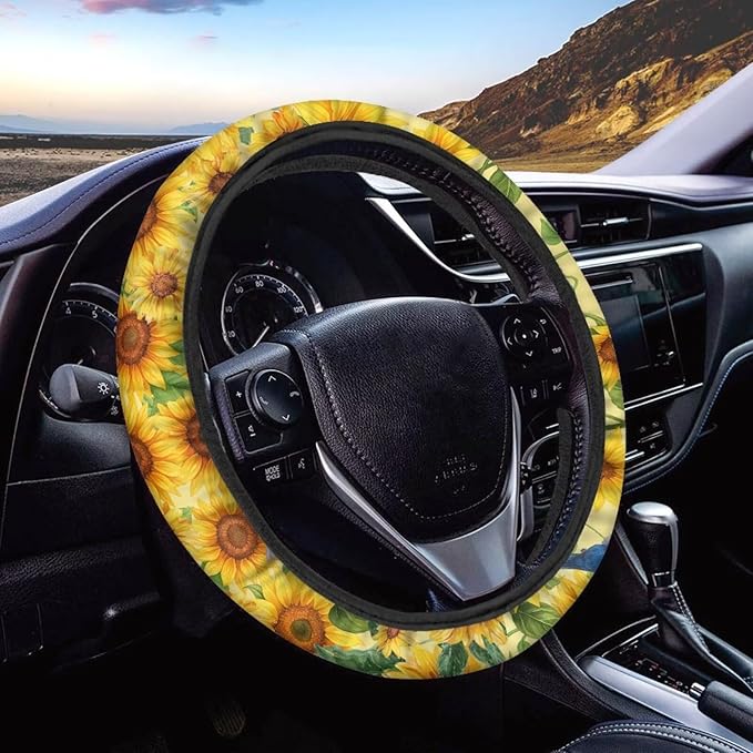 AFPANQZ Car Steering Wheel Covers 14-15" inch Universal Fit Most Car Sedans SUVs, Sunflower Print Comfortable Handmade Breathable Steering Wheel Protector