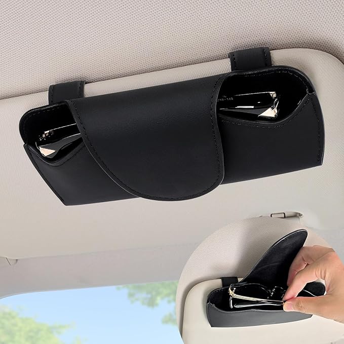 Accmor Sunglasses Holder for Car Sun Visor, Vehicle Sun Visor Sunglass Holders Glasses Case with Magnetic Closure, Universal Leather Auto Eyeglasses Organizer Car Accessories, No Obstruction of Vision