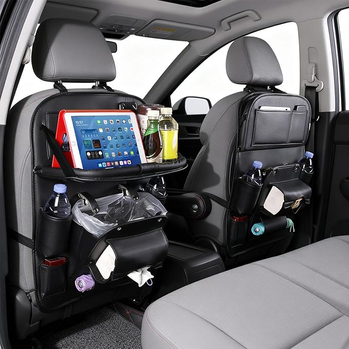 Car Seat Organizer, Multifunctional Backseat Protector Mat, Storage Bag and Tray Rack, Trash Storage (Suitable for Cars, Children, Back of Seats, and Rear Seats) (Black, Leather 1-Piece Set)