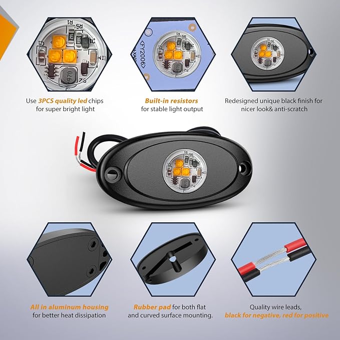 Nilight LED Rock Light 6PCS Amber Underglow Wheel Well Fender Pods Waterproof Exterior Underbody Roof Rack Side Lamps for 12V 24V Car Truck Pickups ATV UTV SUV Motorcycle Boat