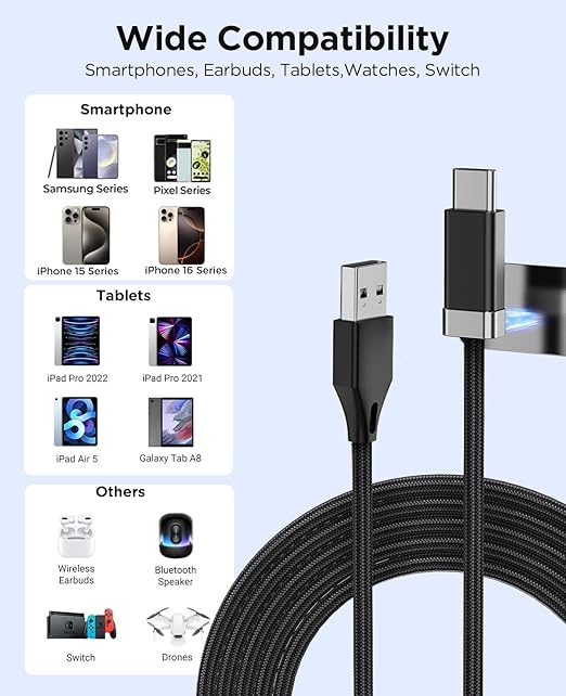 Magtame USB A to USB C Cable 3.3FT, Braided StayCable Built-in Magnetic Holder for Nightstand, Desk&Car, USB Type C Data Cord with 2 Adhesive Metal Plates for iPhone 17,16