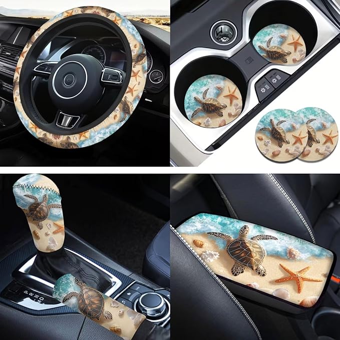 Sea Turtle Print Car Accessories for Men Women Cute Car Steering Wheel Cover Set 6 Pcs Handbrake Gear Cover Cup Coaster Suit for Most Cars Truck Vans SUV