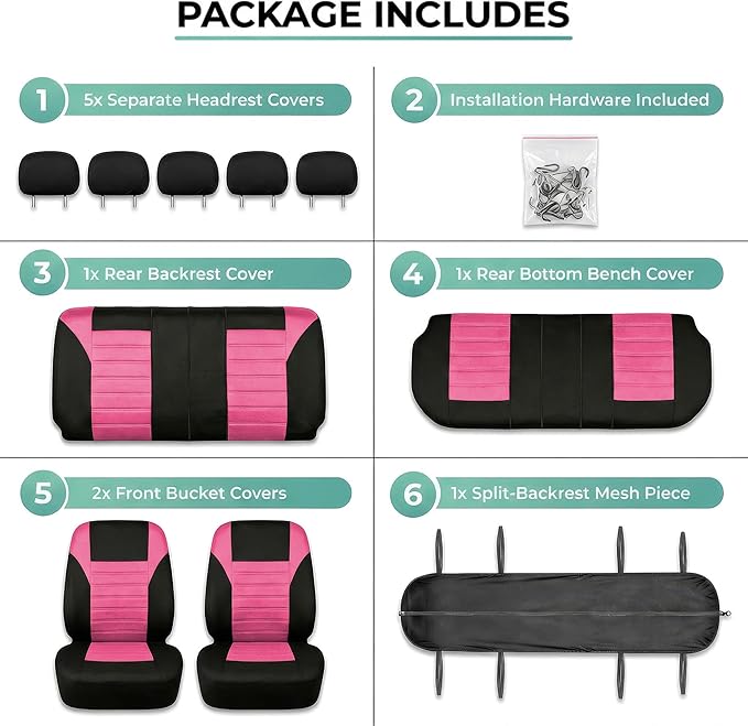 FH Group Automotive Car Seat Covers Full Set Premium 3D Air Mesh Front Seat Covers, Airbag Compatible & Split Bench Cover Universal Fit Interior Accessories for Cars Trucks and SUVs - Pink
