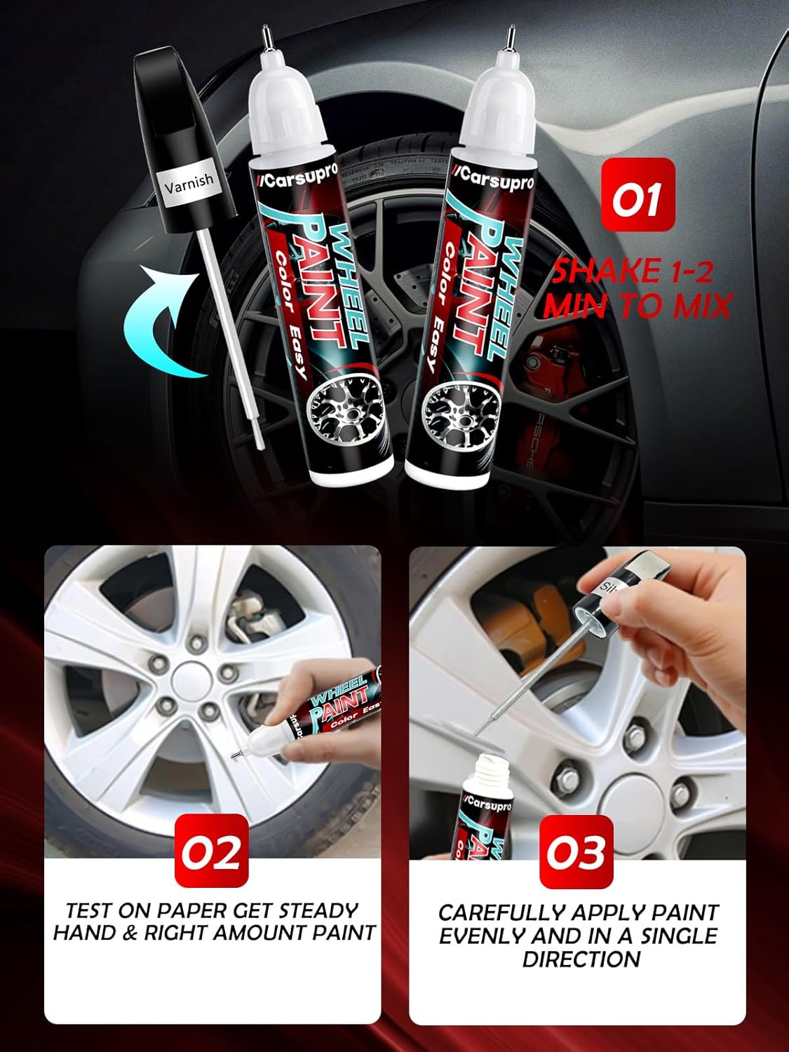 Black Rim Touch Up Paint. Wheel Scratch Repair Pen. Car Rim Paint Pen Quick And Easy Fix Rim Scratches,Rim Paint For Car Wheel Repair (2, Gloss Black+Varnish)