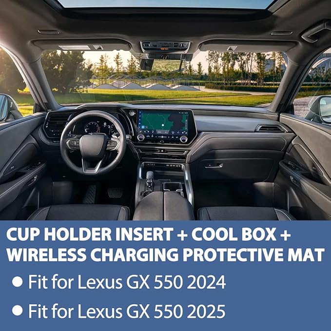 3PCS Center Console Organizer Compatible with Lexus GX 550 2024 2025, Silicone Cup Holder Insert + Cool Box Organizer + Wireless Charging Protective Mat for GX550 Accessories