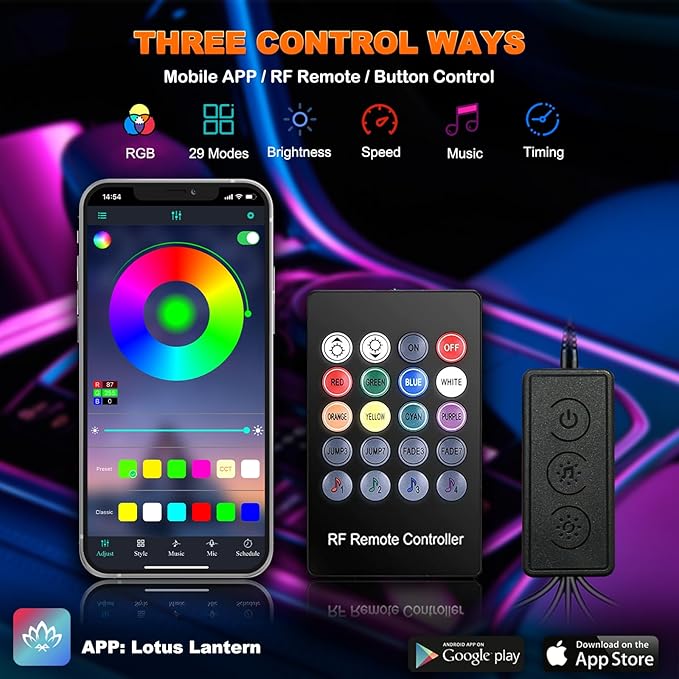 Jushope Car LED Lights, Interior Car Lights with Wireless APP/RF Remote/Button Control, Car Ambient Lighting Kit with 236" Integrated Molding Fiber Optic RGB Sync to Music (USB)