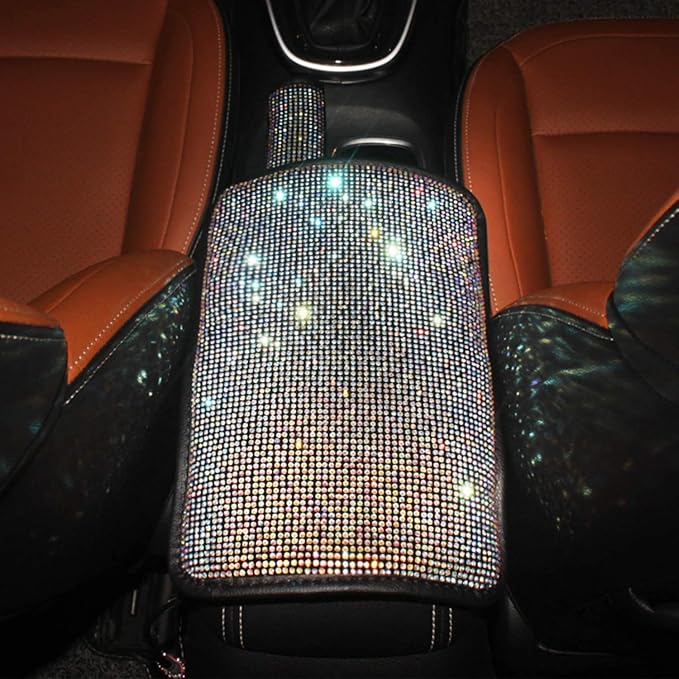 Bling Bling Auto Armrest Console Cushion, Leather Luster Crystal Arm Rest Padding Protective Case Diamond Car Decor Accessories for Ladies
