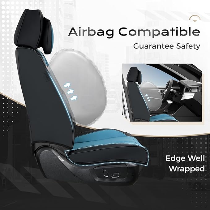 Coverado Seat Covers, Car Seat Covers Front Seats, Car Seat Cover, Car Seat Protector Waterproof, Seat Cushion Nappa Leather with Head Pillow, Carseat Cover Universal Fit for Most Cars (Black&Blue)