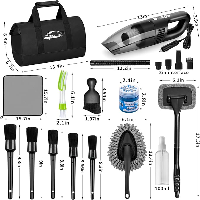 AUTODECO Car Cleaning Kit, Car Vacuum Interior Detailing Cleaner Kit with High Power Handheld Vacuum, Brush Set, Windshield Tool, Duster, Towels, Complete Car Care Tools for Women (Black)