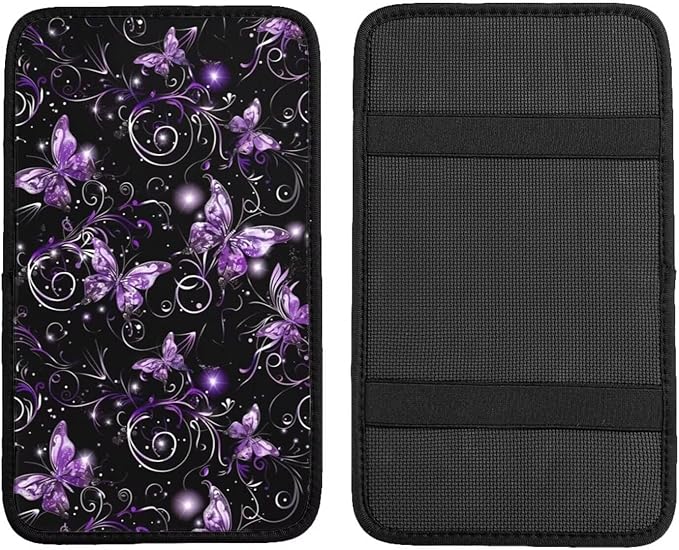 Car Center Console Cover Purple Butterfly Polyester Fabric Auto Armrest Cover Boho Flower Butterflies Cute Hippie Scratch Resistant Wear-Resistant Universal Car Armrest Storage Box Pad
