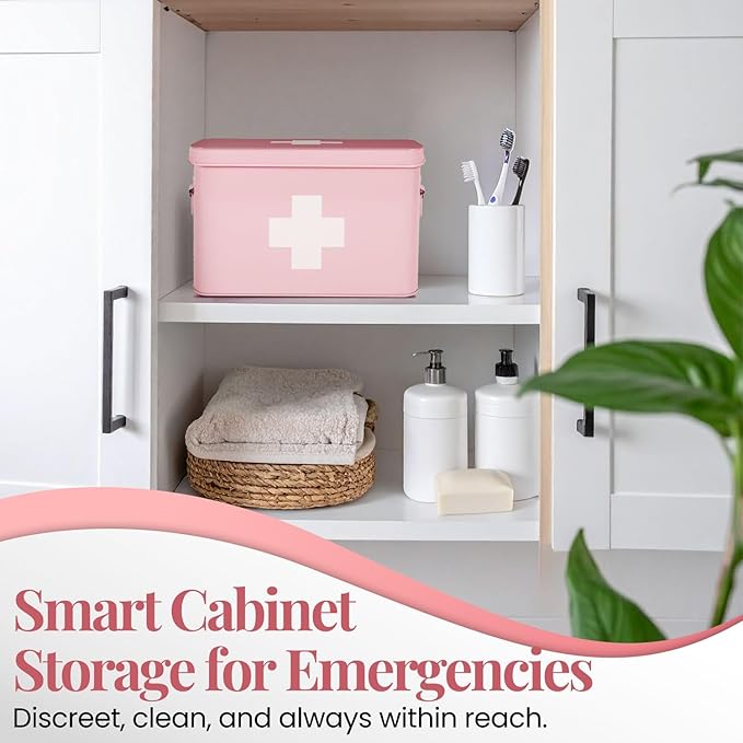 Flexzion First Aid Box Organizer Empty 13" Pink Vintage First Aid Kit Tin Metal Medical Box - First Aid Storage Box Container Bins with Dividers, Removable Tray and White Cross Logo