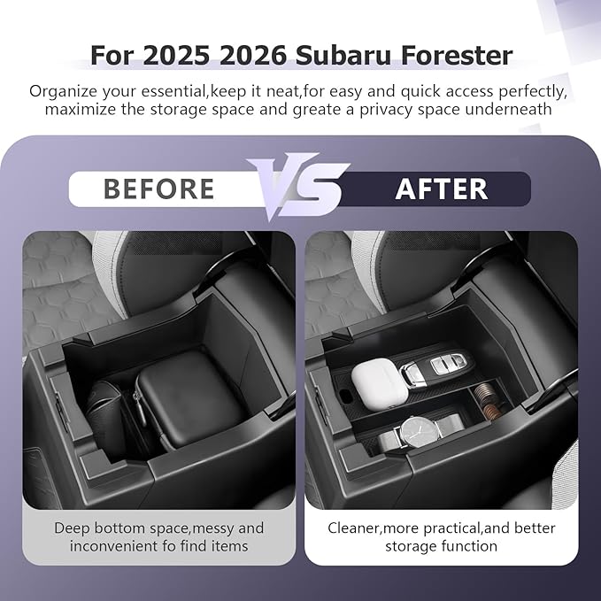 LUWU for 2025 2026 Subaru Forester Accessories Compatible with Forester Base/Premium/Sport/Limited/Touring 2025 2026 Armrest Console Secondary Storage Box Insert Tray ABS Material Black
