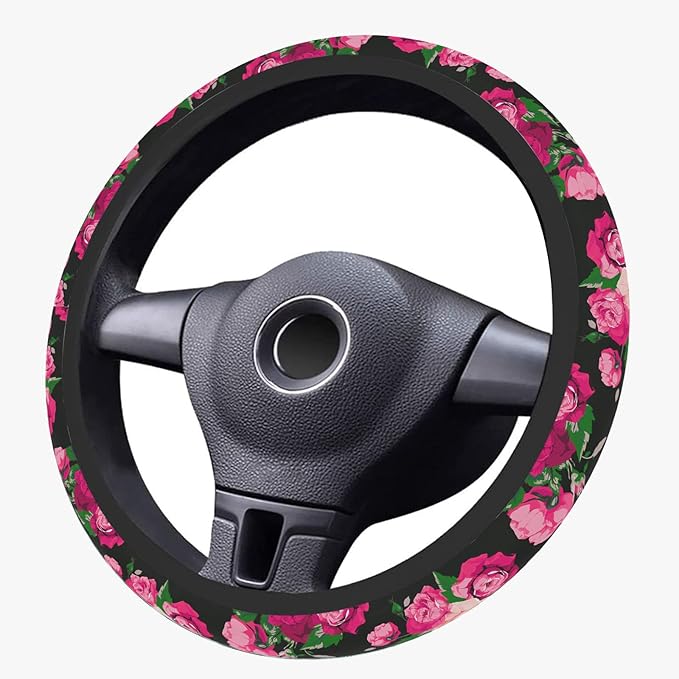 Red Rose Steering Wheel Cover, Cute Print Steering Wheel Cover Protector, Ultra-Thin with Personalized Pattern Design, Car Accessories for Women, for Steering Wheel with a Diameter of 14.5"-15"