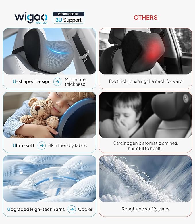 Wigoo 2026 Car Neck Pillow [No More Pressure, Odorless] Soft Car Headrest Pillow with Adjustable Strap Removable Cover 100% Memory Foam, Fits All Vehicles (Gray 2-Pack)