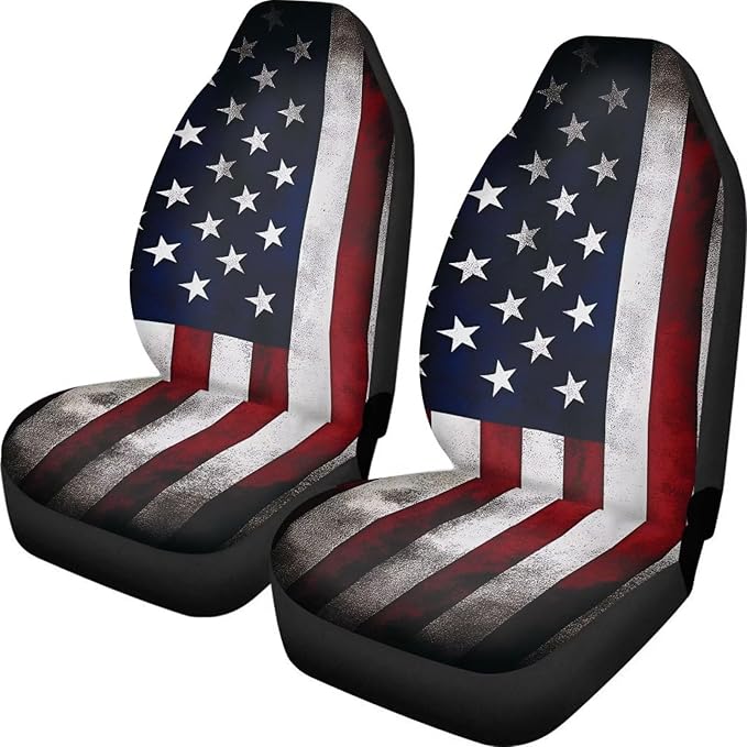 ELEQIN Vintage US Flag Print Car Seat Covers Two Front Only for Car, Automotive Interior Covers, Airbag Compatible, Quick Setup Universal Fit Seat Covers for Car, Truck, SUV