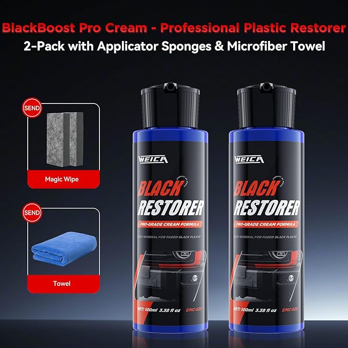 BlackBoost Black Restorer - for Car Interior Dash, Exterior Trim, Bumpers & More on Plastic, Rubber, Vinyl | Deep Penetrating Formula, UV Protection