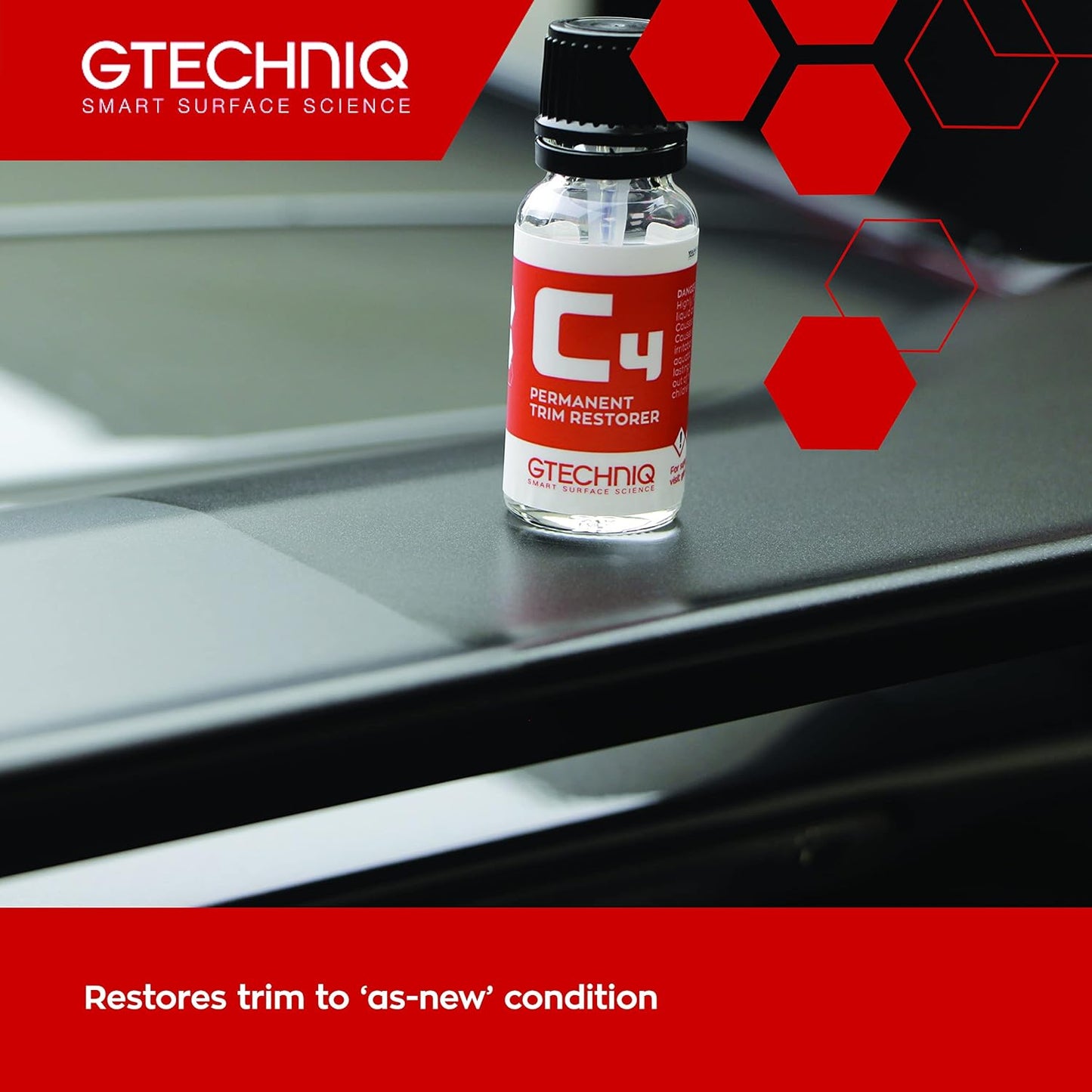 Gtechniq C4 Permanent Trim Restorer 15ml - Revitalize Tired, Faded, Discoloured Car and Vehicle Trim - Premium Weather Protection, UV Resistant, Leaves No Unattractive Gloss - 2 Year Durability