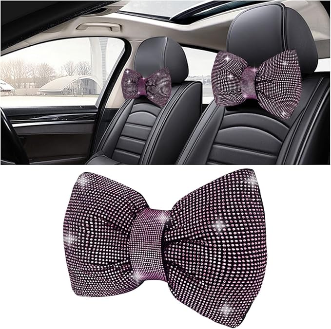 1 PCS Rhinestone Car Headrest Neck Pillow, Auto Headrest Cushion for Driving Seat, Bling Crystal Diamond Bow Neck Support Relax Pillow, Car Interior Accessories for Women Girly (Purple)