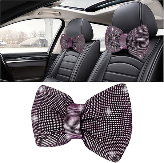 1 PCS Rhinestone Car Headrest Neck Pillow, Auto Headrest Cushion for Driving Seat, Bling Crystal Diamond Bow Neck Support Relax Pillow, Car Interior Accessories for Women Girly (Purple)