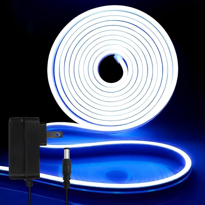 iNextStation 12V Blue LED Strip Lights 16.4FT, Flexible Silicone Neon Rope Light with Power Adapter, Waterproof, Cuttable, Dimmable & Linkable, LED Lights Strip for Bedroom, Kitchen(with Plug)