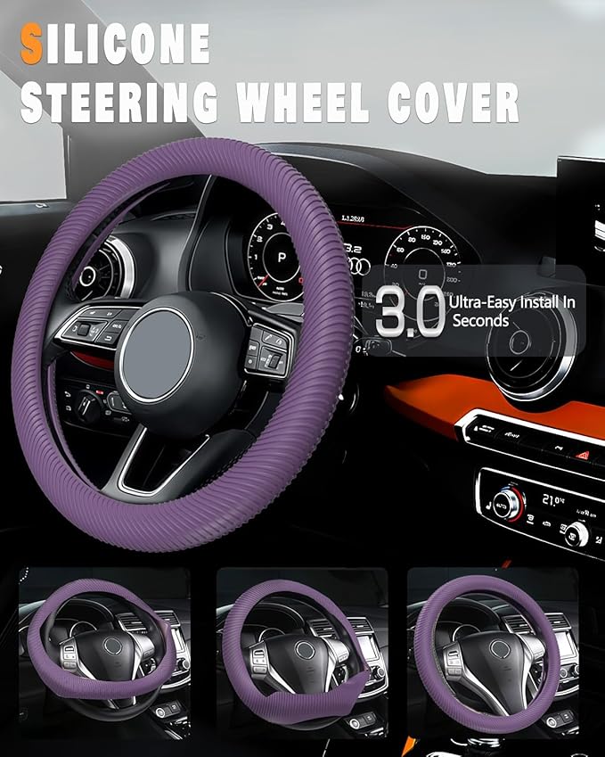 WOCOCN Car Steering Wheel Cover, Thin Anti-Skid Silicone Steering Wheel Cover for Men & Women, Universal Automotive Interior Accessories for Most Cars (Purple)
