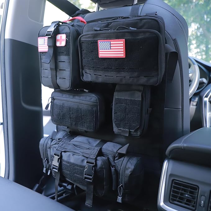 Universal Tactical Seat Back Organizer Vehicle Molle Panel Organizer Storage Bag with 5 Detachable Molle Pouch for All Vehicel Such as Jeep,Truck,SUV, Car, Ford,Chevy etc