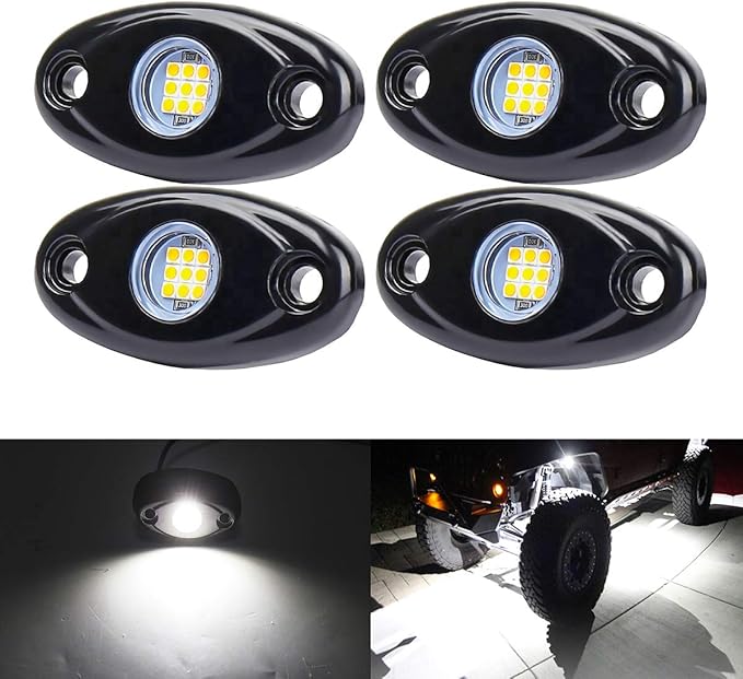 White LED Rock Lights, 4 Pods Neon 12V Waterproof Underglow Underbody Kit Crawler Crawling Dome Exterior Wheel Lights for ATV RZR UTV SUV Off-Road Auto Boat Motorcycle Glow Trail Rig Fender Lamp