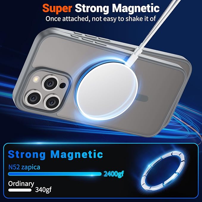 SUPFINE Magnetic for iPhone 15 Pro Case (Compatible with MagSafe) (Military Grade Drop Protection) Translucent Matte Shockproof Phone Case, Gray